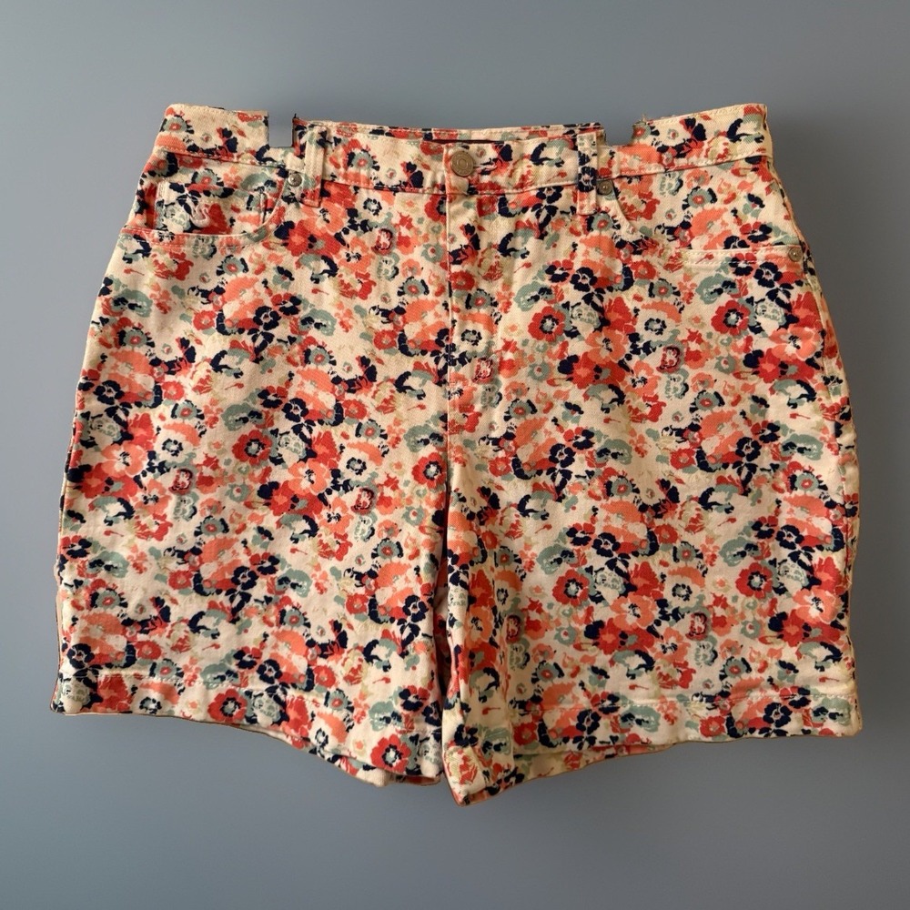 Gloria Vanderbilt Amanda Shorts Women's Size 8 Floral Denim Stretch Blue Coral
